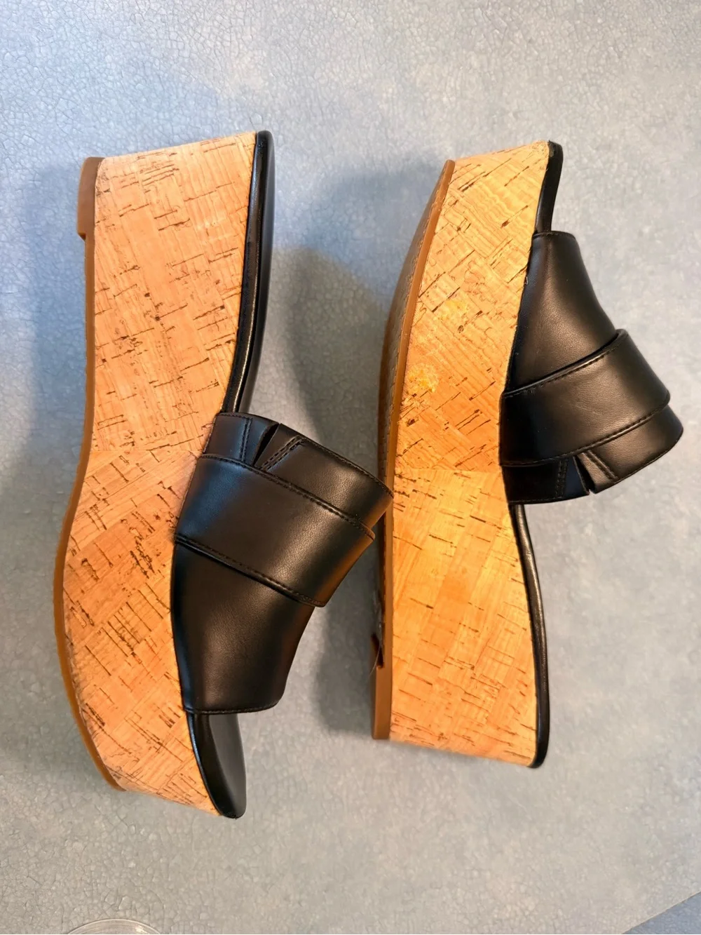NWOT Michael Kors Black Leather Platform Cork Wedge Slides with Gold MK Hardware